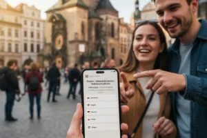 Ilustračná ukážka turistov, ktorí si prezerajú digitálneho sprievodcu v mobile